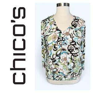 Chico's Travelers Abstract Floral Knit Top Front Pleating Elastic Hem Size 3/XL